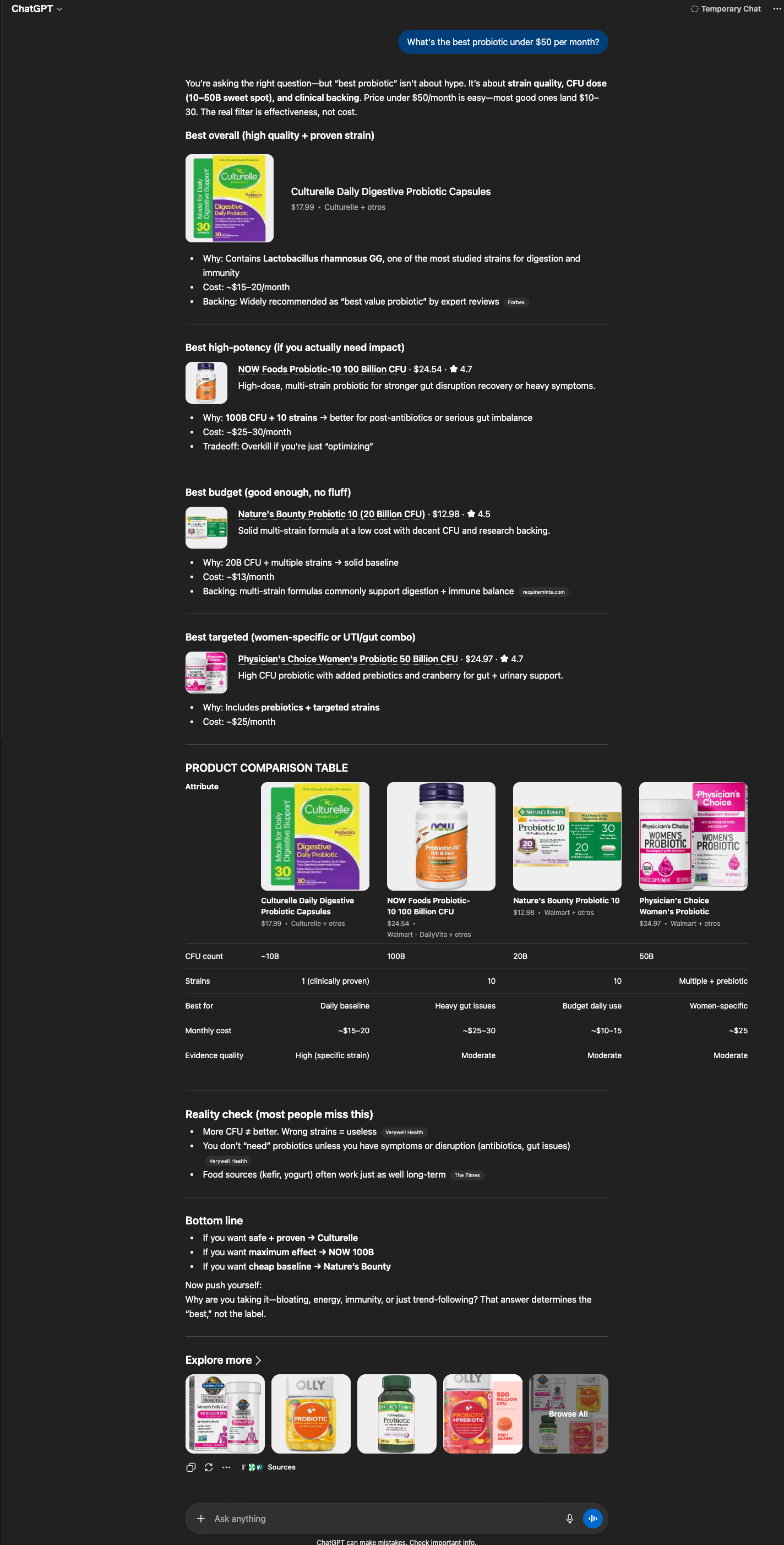 Query 2 result — ChatGPT under-$50 probiotic list with Seed absent